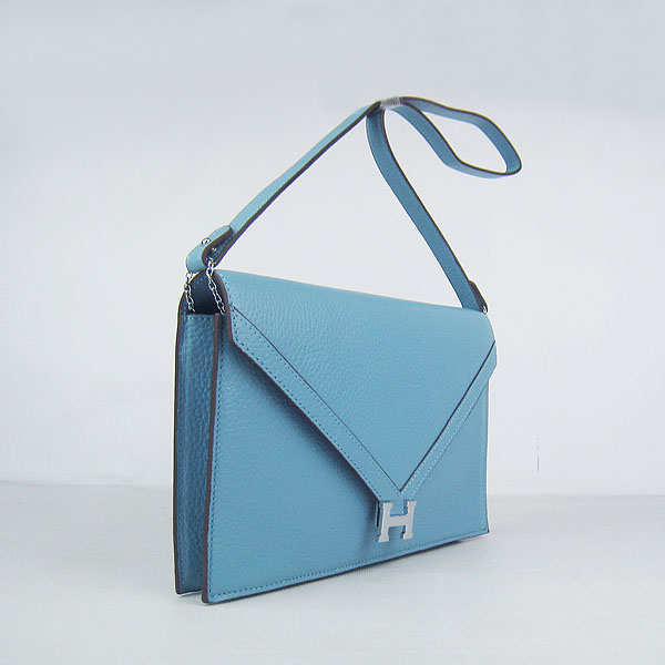 7A Hermes Togo Leather Messenger Bag Light Blue With Silver Hardware H021 Replica - Click Image to Close